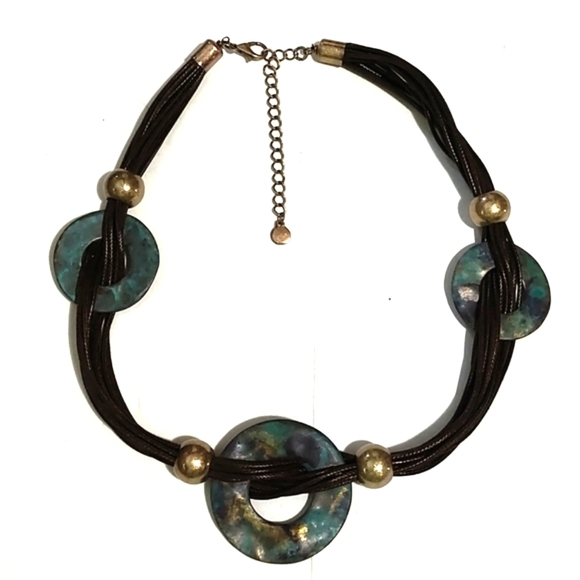 VINTAGE BROWN MULTISTRAND BRONZE BLUE GREEN MARBLE DISCS BEADED 17-20" NECKLACE - Picture 4 of 8